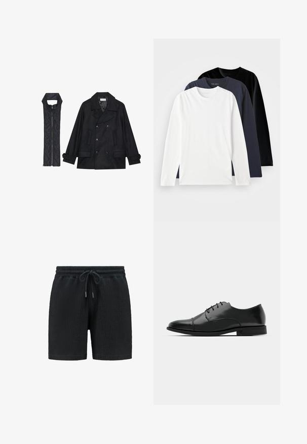 Czarna wełniana peacoat z podwójnymi guzikami i dużym kołnierzem, zestawiona z bezrękawnym czarnym pikowanym kamizelką z zamkiem błyskawicznym.; Trzy koszulki z długim rękawem ułożone jedna na drugiej: jedna biała, jedna ciemnogranatowa i jedna czarna. Wykonane z gładkiej bawełny, posiadają okrągłe dekolty i boczne rozcięcia.; Czarne szorty o strukturze przypominającej gofry, z elastycznym pasem i sznurkiem do regulacji. Posiadają boczne kieszenie; lekkie i wygodne, idealne na codzienne noszenie.; Czarne skórzane buty do garnituru z okrągłym noskiem, sznurowanym zapięciem, subtelnymi detalami przeszycia oraz niskim obcasem. Gładka faktura z polerowanym wykończeniem.