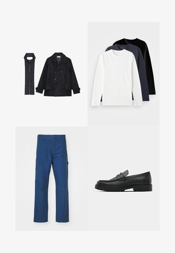 Black woolen peacoat with double-breasted buttons and large collar, paired with a sleeveless black quilted vest featuring a zip closure.; Three long-sleeve T-shirts stacked: one white, one dark navy, and one black. Made of smooth cotton, featuring round necklines and side slits.; Blue cotton twill pants with a straight-leg design, featuring a button closure and side pocket. Smooth texture, no visible patterns or accents.; Black leather loafers with a rounded toe, featuring a stitched design, low platform sole, and a textured, lugged rubber outsole.