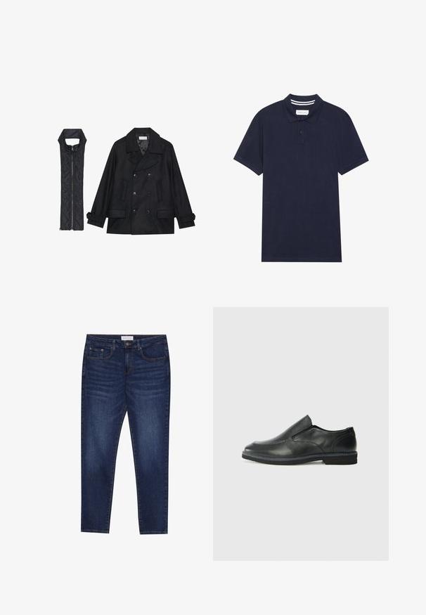 Casaco de lã preto com botões duplos e gola grande, combinado com um colete acolchoado preto sem mangas com fecho de correr.; Pólo azul-marinho feito de tecido texturizado, apresentando uma pala de três botões, mangas curtas e um detalhe em colarinho listrado.; Jeans slim-fit azul escuro com cinco bolsos, fecho com botão e costura em contraste, rotulados como Pier One na cintura.; Sapato slip-on preto em pele com um upper liso, acabamentos cosidos, bico arredondado e um salto de borracha baixo. A sola apresenta um padrão de aderência mínimo.