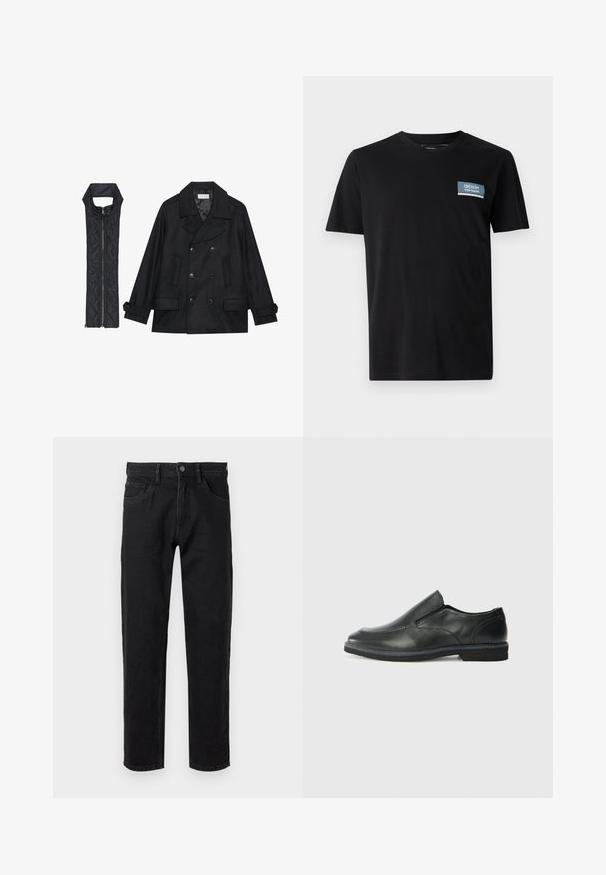 Črn volnen plašč z dvojnimi gumbi in velikim ovratnikom, v kombinaciji z brezrokavnikom iz črnega prešitega materiala z zadrgo.; Črna majica s kratkimi rokavi, izdelana iz mehkega blaga, z modrim pravokotnim križem z napisom "DENIM TOM TAILOR" na levi strani prsnega koša.; Črne denim hlače s ravnim krojem, zasnovo s petimi žepi in kovinskim zapiranjem. Gladka tekstura z minimalnim zbledelostjo.; Črne usnjene natikače z gladkim zgornjim delom, prišitimi detajli, zaobljenim nosom in nizkim gumijastim petkom. Podplat ima minimalen profil.