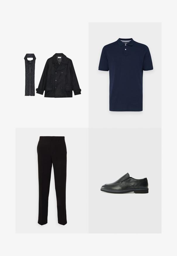 Juodas vilnonis pikoatė su dvigubais mygtukais ir dideliu apykakle, derinamas su juodu be rankovių pūkine liemene su užtrauktuku.; Tamsiai mėlyna trumpo rankovės polo marškinėliai, pagaminti iš medvilnės, su apykakle, turinčia tris mygtukus ir subtiliomis horizontaliomis juostelėmis ant apykaklės.; Juodos, pritaikytos kelnės su tiesiomis kojų linijomis, lygiu paviršiumi ir be matomų papuošimų. Standartinė juosmens juosta su diržo kilpomis.; Juodai odiniai įtvirtinimo batai su lygiu paviršiumi, siuvinėjimo akcentais, apvalia nosimi ir žemu guminiu kulnu. Pado raštas minimalus.