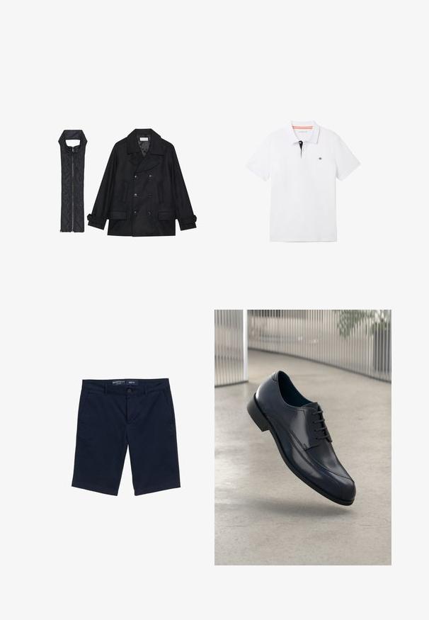 Juodas vilnonis pikoatė su dvigubais mygtukais ir dideliu apykakle, derinamas su juodu be rankovių pūkine liemene su užtrauktuku.; Balta polo marškinėliai su juodu apykakle ir oranžinėmis detalėmis, trumpomis rankovėmis ir maža logotipu ant krūtinės. Pagaminti iš kvėpuojančios medvilnės mišinio.; Tamsiai mėlyni šortai, pagaminti iš medvilnės mišinio, su užsegimu mygtuku, šoninėmis kišenėmis ir tiesia kojų forma. Matomas M dydžio etiketė.; Blizgūs juodi odiniai suknelės batai su raišteliais, skirti pakibti virš lygaus, šviesiai pilko grindų paviršiaus ir vertikalių metalinių strypų fone.