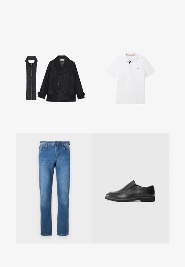 Czarna wełniana peacoat z podwójnymi guzikami i dużym kołnierzem, zestawiona z bezrękawnym czarnym pikowanym kamizelką z zamkiem błyskawicznym.; Biała koszulka polo z czarnym kołnierzykiem i pomarańczowymi detalami, krótkimi rękawami oraz małym logo na piersi. Wykonana z oddychającej mieszanki bawełny.; Jeans dżinsowe w średnim niebieskim kolorze o prostym kroju. Posiadają pięć kieszeni, zapięcie na guzik oraz widoczne szwy wzdłuż szwów.; Czarne skórzane buty wsuwane z gładką cholewką, przeszyciami, okrągłym noskiem i niskim gumowym obcasem. Podeszwa ma minimalny bieżnik.