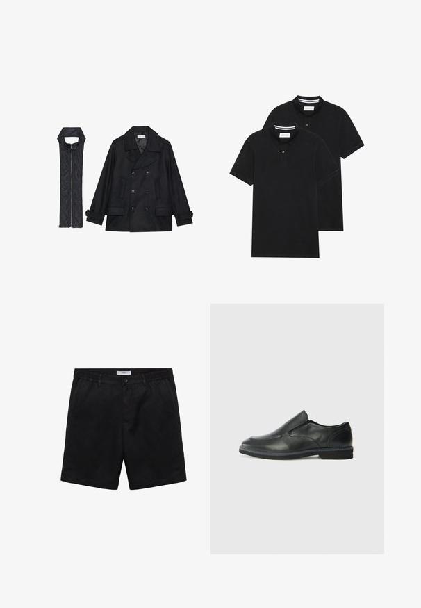 Zwarte wollen peacoat met dubbele knopen en grote kraag, gecombineerd met een mouwloze zwarte gewatteerde vest met ritssluiting.; Twee zwarte polo shirts, met korte mouwen, van katoen, met een klassieke kraag, een knoopsluiting met twee knopen en witte gestreepte accenten aan de binnenkant van de kraag.; Zwarte shorts van zacht materiaal, met een knoopsluiting, een plat front en zijzakken. Standaard pasvorm met een gladde textuur.; Zwarte leren instapper met een soepele bovenkant, gestikte accenten, ronde neus en een lage rubberen hak. De zool heeft minimale profiel.