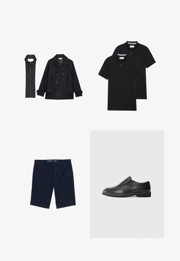 Musta villapaltto, jossa on kaksiriviset napit ja suuri kaulus, yhdistettynä olkaimettomaan mustaan toppaliiviin, joka avautuu vetoketjulla.; Kaksi mustaa lyhythihaista poolopaitaa, puuvillamateriaalia, joissa on klassinen kaulus, kahden napin napitus ja valkoiset raidat kauluksen sisällä.; Tummansinisiä puuvillasekoiteshortsit, joissa on nappikiinnitys, sivutaskut ja suora lahkeiden muotoilu. Koko M -merkki näkyvissä.; Musta nahkainen liukujalkine, jossa on sileä pinta, ommeltuja yksityiskohtia, pyöristetty kärki ja matala kumipohja. Pohjassa on minimaalinen pito.