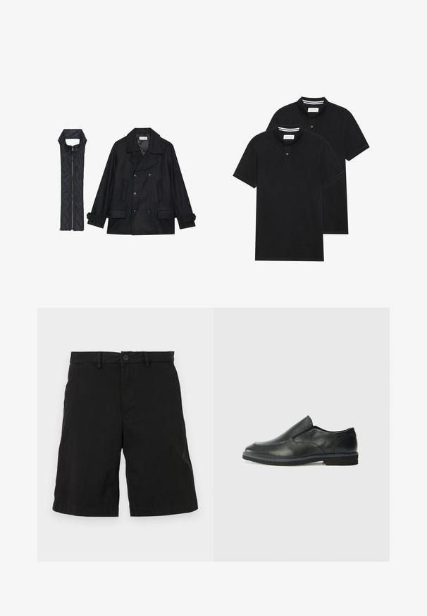 Cappotto di panno nero con bottoni doppi e colletto ampio, abbinato a un gilet senza maniche in tessuto trapuntato nero con chiusura a zip.; Due magliette polo nere, con maniche corte, in cotone, con colletto classico, pattina a due bottoni e dettagli a righe bianche all'interno del colletto.; Pantaloni corti neri in cotone con design frontale piatto, dotati di chiusura con bottone e tasche laterali, senza motivi o accenti visibili.; Scarpa nera in pelle con inserto scivolare, superiore liscio, dettagli cuciti, punta arrotondata e tacco in gomma basso. La suola presenta un battistrada minimale.