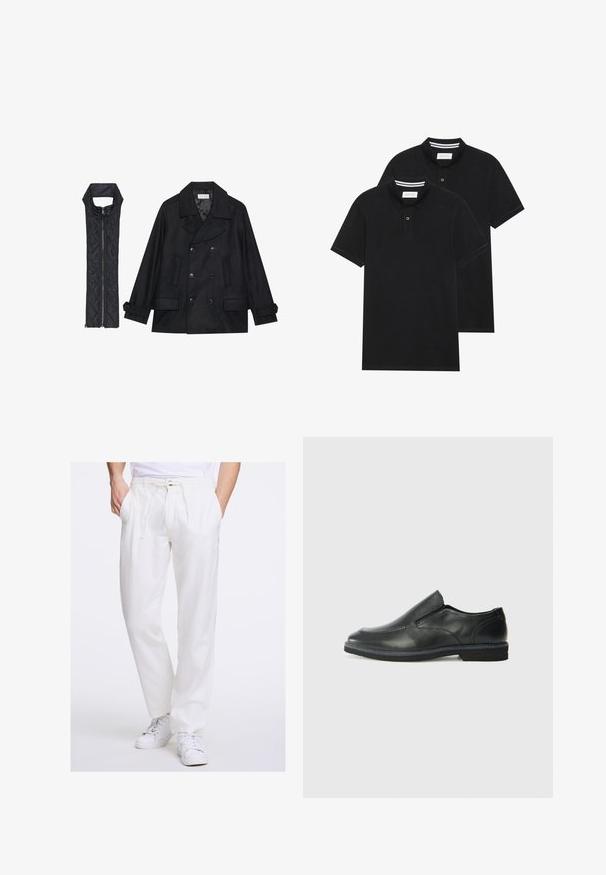 Zwarte wollen peacoat met dubbele knopen en grote kraag, gecombineerd met een mouwloze zwarte gewatteerde vest met ritssluiting.; Twee zwarte polo shirts, met korte mouwen, van katoen, met een klassieke kraag, een knoopsluiting met twee knopen en witte gestreepte accenten aan de binnenkant van de kraag.; Lindbergh Broek - off white; Zwarte leren instapper met een soepele bovenkant, gestikte accenten, ronde neus en een lage rubberen hak. De zool heeft minimale profiel.