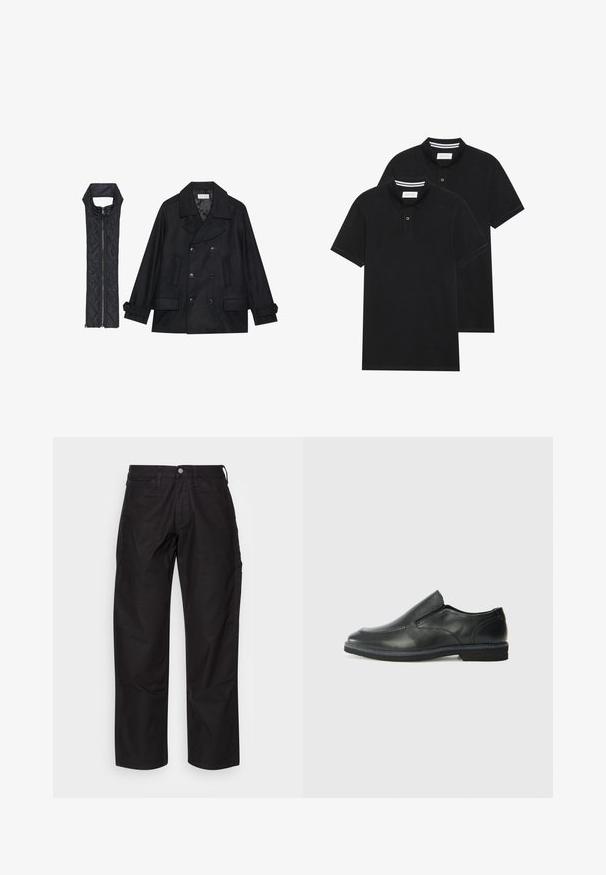 Palton de lână negru, cu închidere dublă și guler mare, asortat cu o vestă neagră, căptușită, fără mâneci, cu închidere cu fermoar.; Două tricouri polo negre, cu mânecă scurtă, din material de bumbac, având un guler clasic, deschidere cu două butoane și accente albe cu dungi în interiorul gulerului.; Pantaloni negri din bumbac cu un design drept, având închidere cu nasture și buzunare frontale. Textură netedă, fără modele sau accente vizibile.; Pantof de piele neagră, tip slip-on, cu un superior neted, accente cusute, vârf rotunjit și un toc jos din cauciuc. Talpa are un profil minim de aderență.
