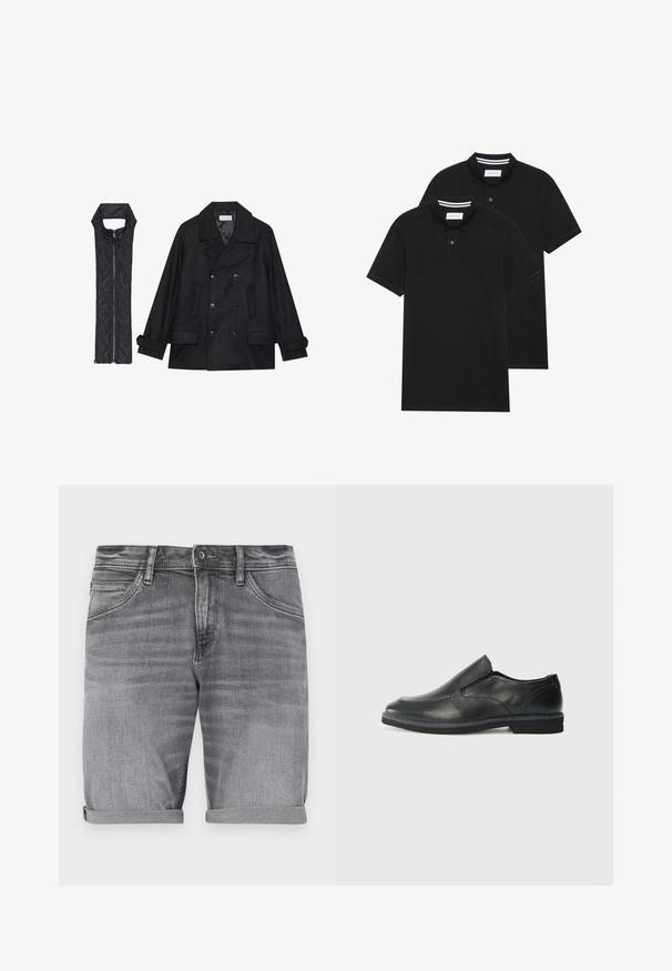Črn volnen plašč z dvojnimi gumbi in velikim ovratnikom, v kombinaciji z brezrokavnikom iz črnega prešitega materiala z zadrgo.; Dve črne polo majice, kratke rokave, iz bombažnega materiala, z klasik ovratnikom, dvobodno zaponko in belimi črtkami znotraj ovratnika.; Sive jeans kratke hlače z rahlo zbledelim videzom, zavihanimi robovi, petžepnim dizajnom in kovinskim gumbom za zapiranje v pasu.; Črne usnjene natikače z gladkim zgornjim delom, prišitimi detajli, zaobljenim nosom in nizkim gumijastim petkom. Podplat ima minimalen profil.