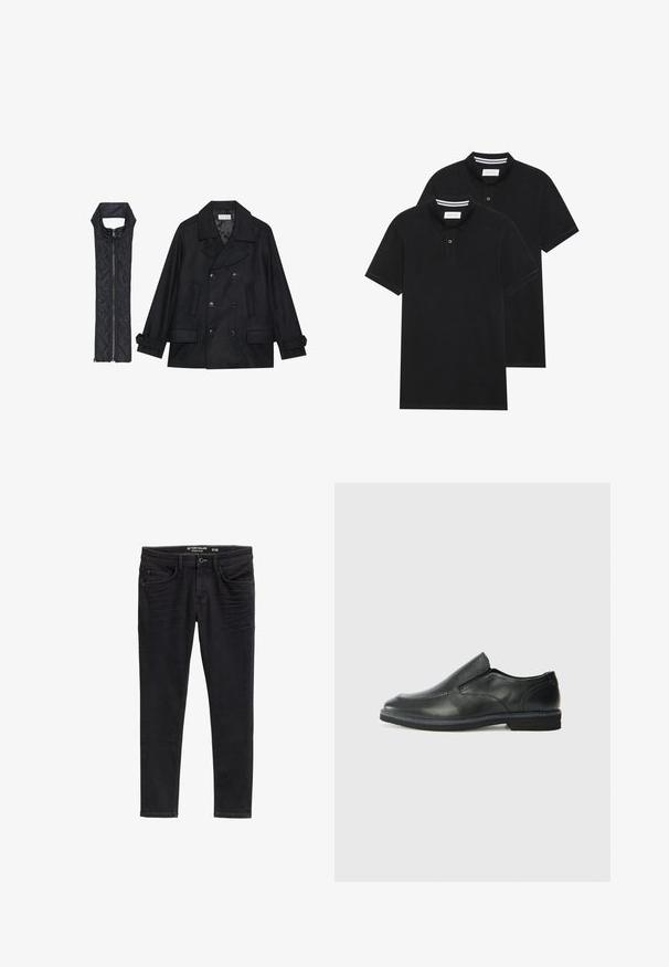 Palton de lână negru, cu închidere dublă și guler mare, asortat cu o vestă neagră, căptușită, fără mâneci, cu închidere cu fermoar.; Două tricouri polo negre, cu mânecă scurtă, din material de bumbac, având un guler clasic, deschidere cu două butoane și accente albe cu dungi în interiorul gulerului.; Jeans negri slim-fit din denim, cu o textură netedă, buzunare frontale și fermoar. Detaliile uzate de lângă coapse îmbunătățesc designul.; Pantof de piele neagră, tip slip-on, cu un superior neted, accente cusute, vârf rotunjit și un toc jos din cauciuc. Talpa are un profil minim de aderență.