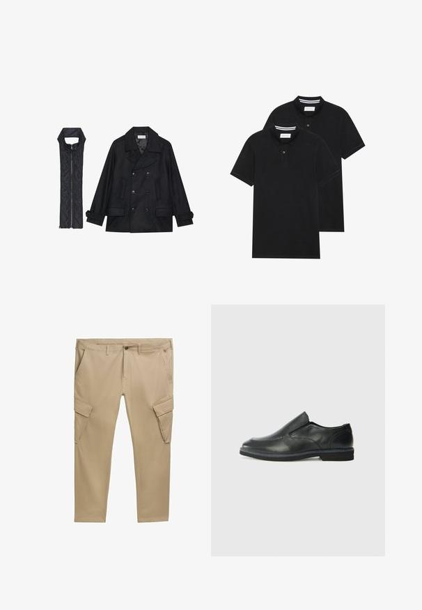 Schwarzer wollener Peacoat mit doppelt geknöpften Knöpfen und großem Kragen, kombiniert mit einer ärmellosen schwarzen gesteppte Weste mit Reißverschluss.; Zwei schwarze Polohemden, kurzärmlig, aus Baumwolle, mit einem klassischen Kragen, zwei Knöpfen und weißen Streifenakzenten im Inneren des Kragens.; Beige Cargo-Hosen mit mehreren Taschen, einem Reißverschluss und Gürtelschlaufen. Aus Baumwollstoff gefertigt, verfügen sie über ein gerades Bein-Design und dezente Nähte.; Schwarze Leder-Slipper mit glattem Obermaterial, gesteppten Akzenten, runder Zehenpartie und niedrigem Gummiabsatz. Die Sohle hat ein minimales Profil.