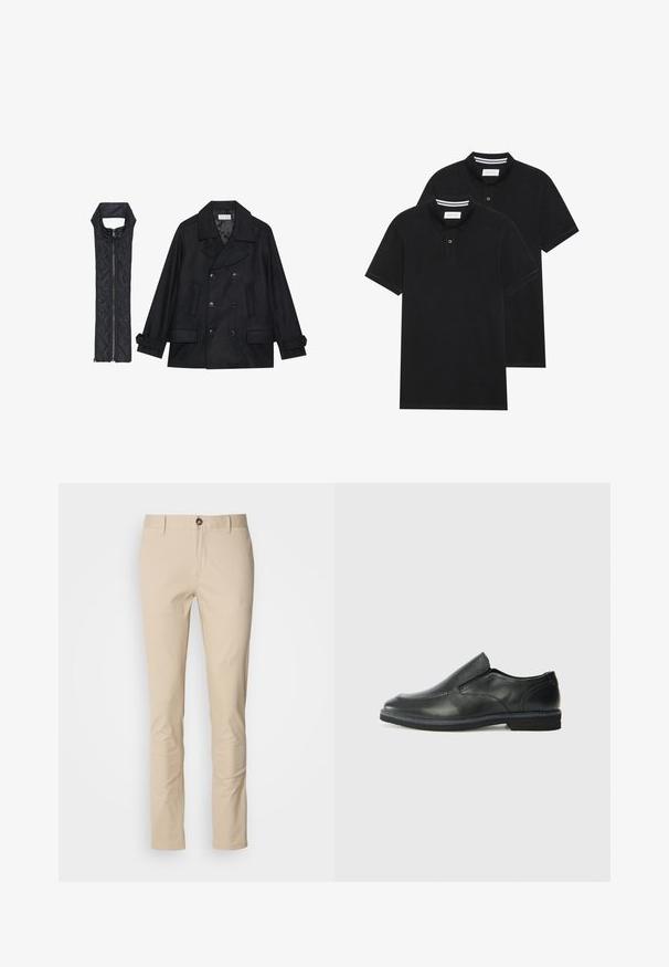 Musta villapaltto, jossa on kaksiriviset napit ja suuri kaulus, yhdistettynä olkaimettomaan mustaan toppaliiviin, joka avautuu vetoketjulla.; Kaksi mustaa lyhythihaista poolopaitaa, puuvillamateriaalia, joissa on klassinen kaulus, kahden napin napitus ja valkoiset raidat kauluksen sisällä.; Beige puuvillapökät tiheällä leikkauksella, jossa on nappikiinnitys, hienovarainen koostumus ja tavalliset taskut. Yksinkertainen muotoilu, ilman kuvioita tai yksityiskohtia.; Musta nahkainen liukujalkine, jossa on sileä pinta, ommeltuja yksityiskohtia, pyöristetty kärki ja matala kumipohja. Pohjassa on minimaalinen pito.