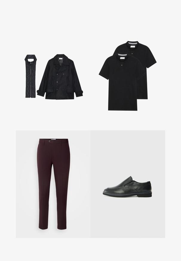 Casaco de lã preto com botões duplos e gola grande, combinado com um colete acolchoado preto sem mangas com fecho de correr.; Duas camisetas polo pretas, de manga curta, em material de algodão, com colarinho clássico, abertura com dois botões e detalhes em riscas brancas no interior do colarinho.; Calças burgundy escuras com um corte slim, apresentando fecho com botão, passantes para cinto e vincos frontais. Tecido suave com um design elegante.; Sapato slip-on preto em pele com um upper liso, acabamentos cosidos, bico arredondado e um salto de borracha baixo. A sola apresenta um padrão de aderência mínimo.