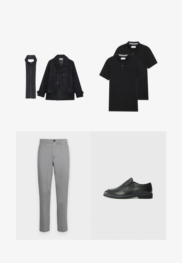 Musta villapaltto, jossa on kaksiriviset napit ja suuri kaulus, yhdistettynä olkaimettomaan mustaan toppaliiviin, joka avautuu vetoketjulla.; Kaksi mustaa lyhythihaista poolopaitaa, puuvillamateriaalia, joissa on klassinen kaulus, kahden napin napitus ja valkoiset raidat kauluksen sisällä.; Harmaat muotoillut housut, joissa on sileä pintastruktuuri, etupainike ja suorat lahkeet. Yksinkertainen muotoilu ilman kuvioita tai koristeita.; Musta nahkainen liukujalkine, jossa on sileä pinta, ommeltuja yksityiskohtia, pyöristetty kärki ja matala kumipohja. Pohjassa on minimaalinen pito.