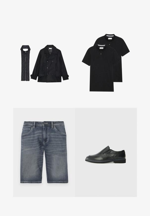Melnā vilnas jaka ar dubulto pogu rindas un lielu apkakli, apvienota ar bez piedurknēm melnu piepūšamā vesta ar rāvējslēdzēju.; Divas melnas polo krekli, īsām piedurknēm, no kokvilnas materiāla, ar klasisku apkakli, divu pogu aizdari un balti svītroti akcenti apkakles iekšpusē.; Džinsu šorti izbalinātā zilajā tonī, ar pogu un rāvējslēdzēju, piecām kabatām un redzamu šuvju detaļu.; Melnas ādas slip-on kurpes ar gludu augšdaļu, izšūtām akcentiem, noapaļotu purngala daļu un zemu gumijas papēdi. Zole ar minimālu rakstu.