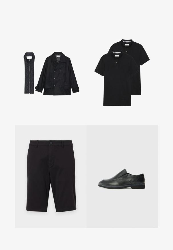 Black woolen peacoat with double-breasted buttons and large collar, paired with a sleeveless black quilted vest featuring a zip closure.; Two black polo shirts, short-sleeved, cotton material, featuring a classic collar, two-button placket, and white striped accents inside the collar.; Black shorts made of a lightweight fabric. Features a button closure, belt loops, two side pockets, and a straight cut.; Black leather slip-on shoe with a smooth upper, stitched accents, rounded toe, and a low rubber heel. Sole features minimal tread.