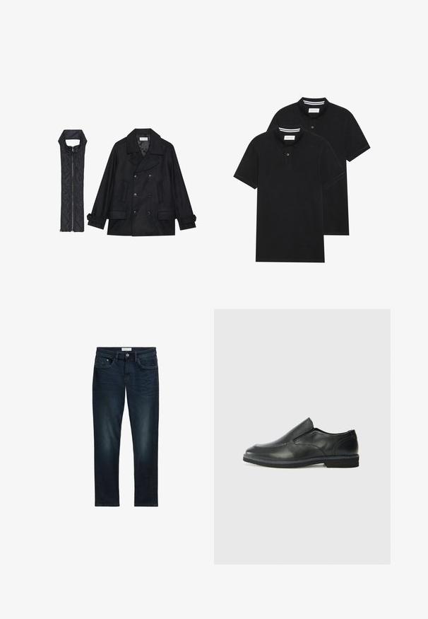 Cappotto di panno nero con bottoni doppi e colletto ampio, abbinato a un gilet senza maniche in tessuto trapuntato nero con chiusura a zip.; Due magliette polo nere, con maniche corte, in cotone, con colletto classico, pattina a due bottoni e dettagli a righe bianche all'interno del colletto.; Jeans in denim blu scuro con vestibilità slim, dotati di cinque tasche, chiusura con bottone e leggeri sbiadimenti sul davanti per aggiungere texture.; Scarpa nera in pelle con inserto scivolare, superiore liscio, dettagli cuciti, punta arrotondata e tacco in gomma basso. La suola presenta un battistrada minimale.