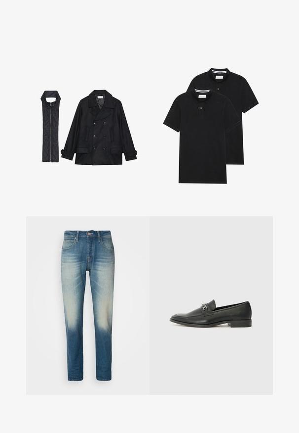 Black woolen peacoat with double-breasted buttons and large collar, paired with a sleeveless black quilted vest featuring a zip closure.; Two black polo shirts, short-sleeved, cotton material, featuring a classic collar, two-button placket, and white striped accents inside the collar.; Light blue denim jeans with a faded finish, five pockets, button closure, straight leg design, and contrast stitching details.; Black leather loafer with a smooth finish, featuring a stitched design and a decorative metal chain accent across the vamp. Flat heel.