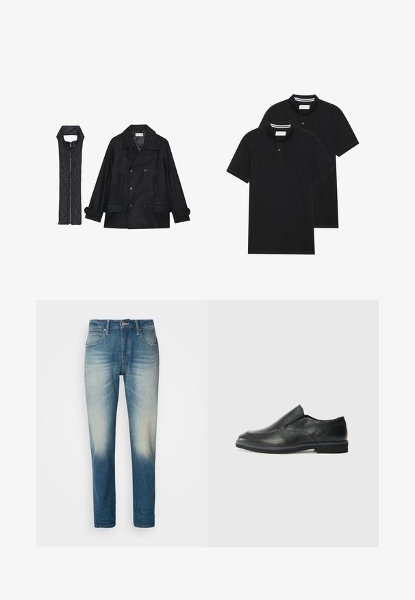 Czarna wełniana peacoat z podwójnymi guzikami i dużym kołnierzem, zestawiona z bezrękawnym czarnym pikowanym kamizelką z zamkiem błyskawicznym.; Dwie czarne koszulki polo z krótkim rękawem, wykonane z materiału bawełnianego, z klasycznym kołnierzykiem, z zapięciem na dwa guziki oraz białymi paskami wewnątrz kołnierza.; Jasnoniebieskie dżinsy z wyblakłym wykończeniem, pięcioma kieszeniami, zapięciem na guzik, prostym krojem nogawek oraz kontrastowymi detalami szwów.; Czarne skórzane buty wsuwane z gładką cholewką, przeszyciami, okrągłym noskiem i niskim gumowym obcasem. Podeszwa ma minimalny bieżnik.