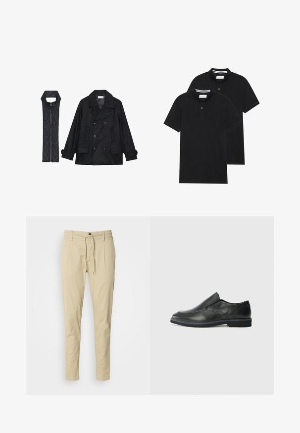 Mustast villast peacoat, millel on topelt nööbid ja suur krae, koos musta ilma varrukateta tikkimisega vestiga, millel on lukuga sulgemine.; Kaks musta polo särki, lühikeste varrukatega, puuvillane materjal, klassikalise kraega, kahe nupuga kinnitusega, valgete triipudega krae sisepinnal.; Beež slim-fit püksid, valmistatud puuvilla segakangast. Elastsest vööst koosnevad, millel on nöör, kaks esist plekti ja sirged sääred.; Must musta laia suuga king, millel on sile ülemine osa, õmmeldud detailid, ümmargune nina ja madal kummist konts. Tallal on minimaalne mustr.