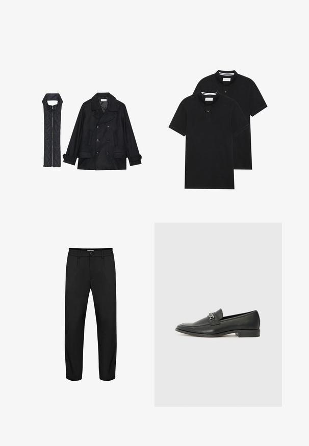 Mustast villast peacoat, millel on topelt nööbid ja suur krae, koos musta ilma varrukateta tikkimisega vestiga, millel on lukuga sulgemine.; Kaks musta polo särki, lühikeste varrukatega, puuvillane materjal, klassikalise kraega, kahe nupuga kinnitusega, valgete triipudega krae sisepinnal.; Mustad püksid otse sääre disainiga, millel on nööbiga kinnitamine, küljetaskud ja sujuv tekstuur. Kaasaegne elastne vöökoht.; Must haveate nahkking punased, millel on sile viimistlus, tikitud muster ja dekoratiivne metallkett vampi üle. Tasane konts.