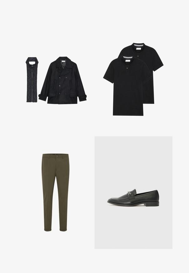 Crni vuneni kaput s dvostrukim kopčanjem i velikim ovratnikom, uparen s crnim bezrukavnim jaknom od mrežastog materijala sa zatvaračem na patent.; Dva crna polo majice, kratki rukavi, pamučni materijal, sa klasičnom ovratnikom, čepom sa dva gumba i bijelim prugastim detaljima unutar ovratnika.; Maslinasto zelene hlače s ravnim krojem, zatvaranjem na dugme i prevrnutim manžetama. Izrađene su od glatkog materijala s suptilnom teksturom.; Crna kožna loafer cipela s glatkom finišem, s ušivenim uzorkom i dekorativnim metalnim lancem preko prednjeg dijela. Ravni potplat.