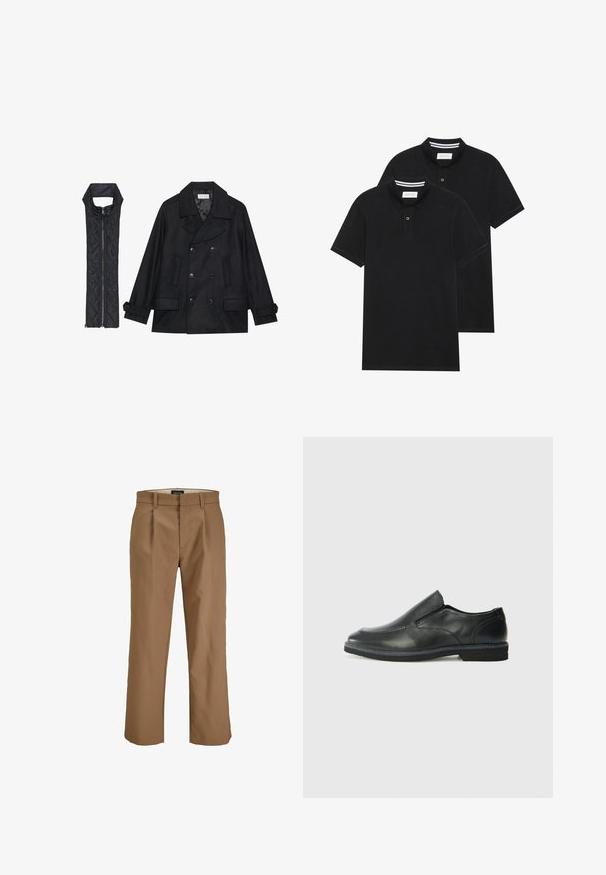 Abrigo de lana negra con botones de doble fila y gran cuello, combinado con un chaleco negro acolchado sin mangas con cierre de cremallera.; Dos camisetas polo negras, de manga corta, de material de algodón, que presentan un cuello clásico, una tapeta de dos botones y acentos de rayas blancas en el interior del cuello.; Pantalones marrones de una tela suave, con un corte recto, pliegues en la parte delantera y presillas para el cinturón. Sin patrones ni acentos visibles.; Zapato negro de cuero sin cordones con un upper suave, detalles de costura, punta redonda y un bajo tacón de goma. La suela presenta una tracción mínima.