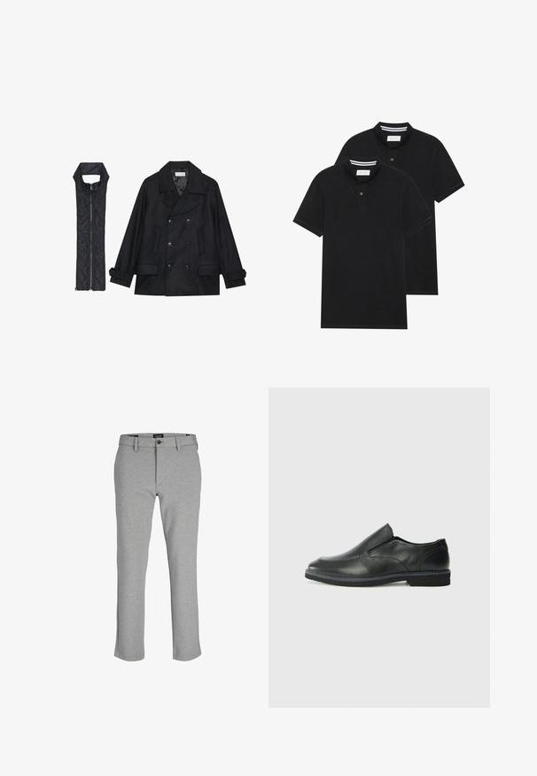 Svart ull peacoat med dubbelknäppta knappar och stor krage, kombinerad med en ärmlös svart vadderad väst med dragkedja.; Två svarta polo t-shirts, kortärmade, i bomullsmaterial, med en klassisk krage, tvåknappsslutning och vita randiga accenter inuti kragen.; Grå byxor i lättviktig tyg, med rak benform, dragkedja och en enda knappstängning i midjan.; Svart lädersko i slip-on-modell med en slät ovandel, sömnadsdetaljer, rund tå och låg gummihäl. Sulan har minimal mönstring.