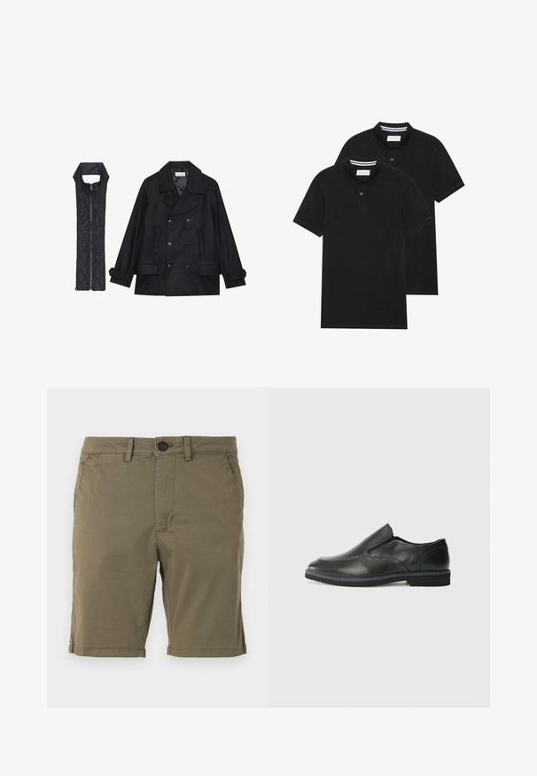 Black woolen peacoat with double-breasted buttons and large collar, paired with a sleeveless black quilted vest featuring a zip closure.; Two black polo shirts, short-sleeved, cotton material, featuring a classic collar, two-button placket, and white striped accents inside the collar.; Olive green shorts made from cotton blend fabric, featuring a button closure, front pockets, and a hemmed bottom with subtle stitching details.; Black leather slip-on shoe with a smooth upper, stitched accents, rounded toe, and a low rubber heel. Sole features minimal tread.