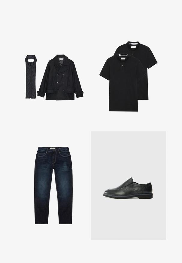 Juodas vilnonis pikoatė su dvigubais mygtukais ir dideliu apykakle, derinamas su juodu be rankovių pūkine liemene su užtrauktuku.; Du žaidimų juodos polo marškiniai, trumpomis rankovėmis, pagaminti iš medvilnės, su klasikinėmis apykaklėmis, dviem mygtukais priekyje ir baltais dryžiais apykaklės viduje.; Tamsiai mėlynų džinsų kelnių su standartiniu pritaikymu, su užtrauktuku, penkiomis kišenėmis ir kontrastingomis geltonomis siūlėmis. Iš viso lygus tekstūra.; Juodai odiniai įtvirtinimo batai su lygiu paviršiumi, siuvinėjimo akcentais, apvalia nosimi ir žemu guminiu kulnu. Pado raštas minimalus.