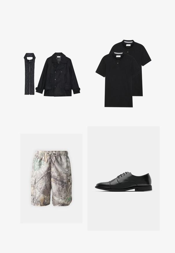 Črn volnen plašč z dvojnimi gumbi in velikim ovratnikom, v kombinaciji z brezrokavnikom iz črnega prešitega materiala z zadrgo.; Dve črne polo majice, kratke rokave, iz bombažnega materiala, z klasik ovratnikom, dvobodno zaponko in belimi črtkami znotraj ovratnika.; Kr steekani kratke hlače iz kamuflažne tkanine, ki so narejene iz lahkega materiala, imajo nastavljiv pas na vrvico, stranske žepe ter mešanico zemeljskih tonov in vzorcev.; Črne usnjene moške čevlje z zaobljenim nosom, s sistemom vezalk, diskretnimi šivi in nizkih petah. Gladka tekstura s sijočim zaključkom.