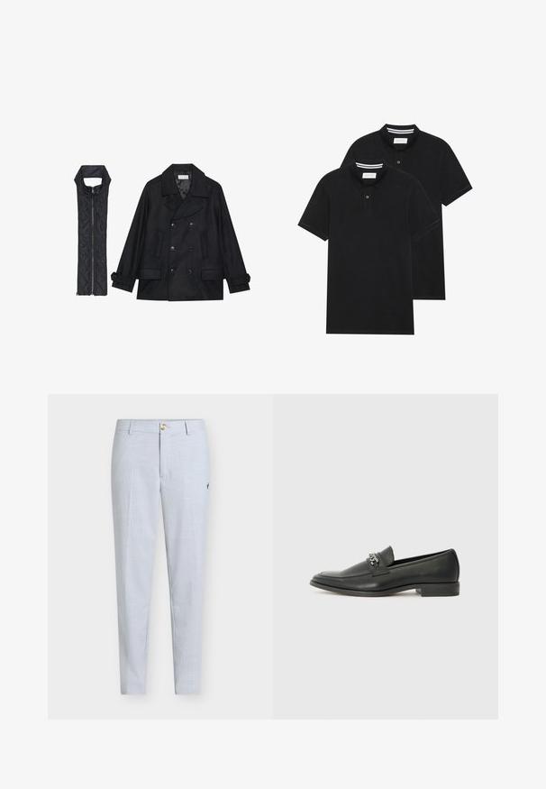 Mustast villast peacoat, millel on topelt nööbid ja suur krae, koos musta ilma varrukateta tikkimisega vestiga, millel on lukuga sulgemine.; Kaks musta polo särki, lühikeste varrukatega, puuvillane materjal, klassikalise kraega, kahe nupuga kinnitusega, valgete triipudega krae sisepinnal.; Helerohelised püksid tekstuurse kangaga, sirgete säärtega, nööpidega suletavad ja väikese tikandiga küljel.; Must haveate nahkking punased, millel on sile viimistlus, tikitud muster ja dekoratiivne metallkett vampi üle. Tasane konts.