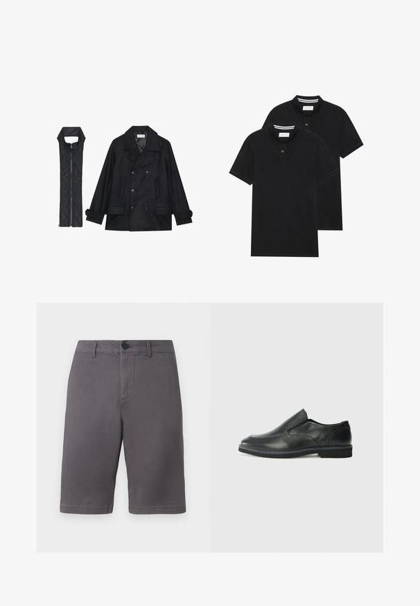 Crni vuneni kaput s dvostrukim kopčanjem i velikim ovratnikom, uparen s crnim bezrukavnim jaknom od mrežastog materijala sa zatvaračem na patent.; Dva crna polo majice, kratki rukavi, pamučni materijal, sa klasičnom ovratnikom, čepom sa dva gumba i bijelim prugastim detaljima unutar ovratnika.; Sive kratke hlače od pamučne mješavine, sa zatvaranjem na dugme, bočnim džepovima i jednostavnim, ravnim krojem.; Crne kožne cipele na sklapanje s glatkom gornjom površinom, prošivenim detaljima, zaobljenim vrhom i niskim gumene potplate. Potplat ima minimalne uzorke.