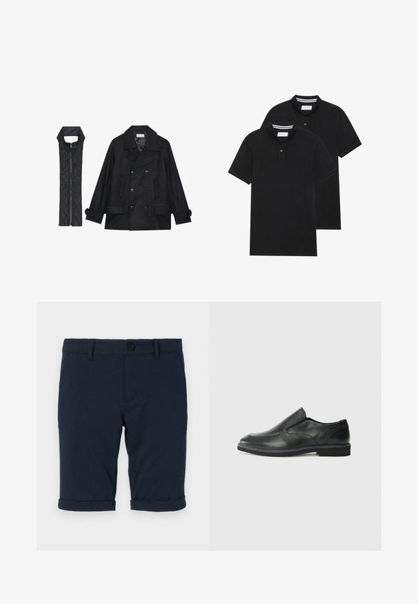 Abrigo de lana negra con botones de doble fila y gran cuello, combinado con un chaleco negro acolchado sin mangas con cierre de cremallera.; Dos camisetas polo negras, de manga corta, de material de algodón, que presentan un cuello clásico, una tapeta de dos botones y acentos de rayas blancas en el interior del cuello.; Pantalones cortos azul marino de algodón con una textura suave, que presentan dobladillos enrollados y un cierre de botón en la cintura.; Zapato negro de cuero sin cordones con un upper suave, detalles de costura, punta redonda y un bajo tacón de goma. La suela presenta una tracción mínima.