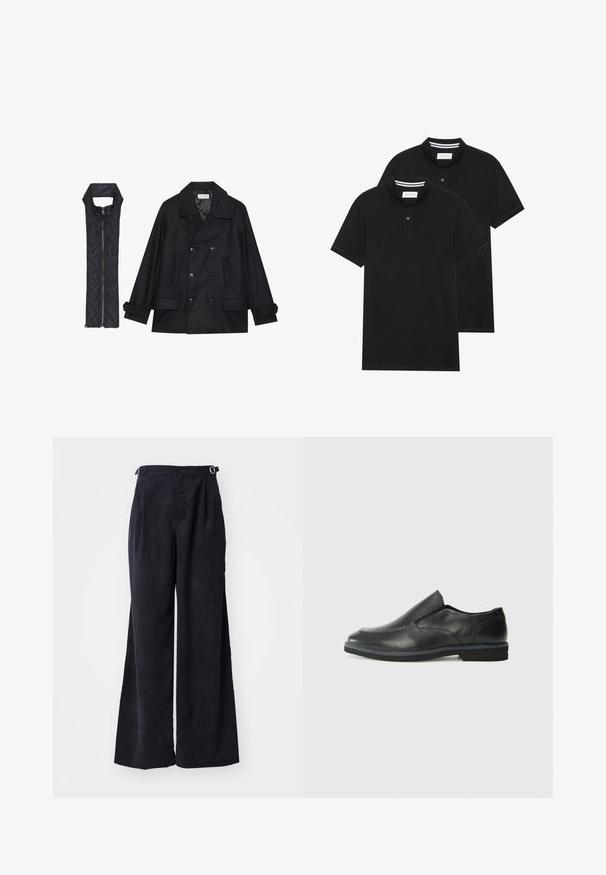 Zwarte wollen peacoat met dubbele knopen en grote kraag, gecombineerd met een mouwloze zwarte gewatteerde vest met ritssluiting.; Twee zwarte polo shirts, met korte mouwen, van katoen, met een klassieke kraag, een knoopsluiting met twee knopen en witte gestreepte accenten aan de binnenkant van de kraag.; Heathe KENE TROUSERS REPEAT - Broek - black; Zwarte leren instapper met een soepele bovenkant, gestikte accenten, ronde neus en een lage rubberen hak. De zool heeft minimale profiel.