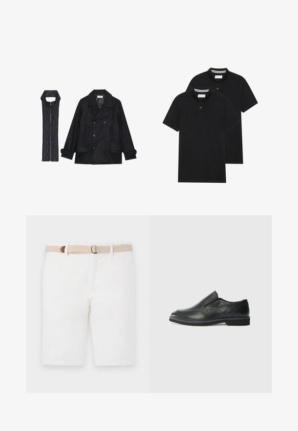 Mustast villast peacoat, millel on topelt nööbid ja suur krae, koos musta ilma varrukateta tikkimisega vestiga, millel on lukuga sulgemine.; Kaks musta polo särki, lühikeste varrukatega, puuvillane materjal, klassikalise kraega, kahe nupuga kinnitusega, valgete triipudega krae sisepinnal.; Valged puuvillased lühikesed püksid, millel on kudumiskangast beež vöö pruunide aktsentidega. Pükstel on puhas disain ja sile tekstuur.; Must musta laia suuga king, millel on sile ülemine osa, õmmeldud detailid, ümmargune nina ja madal kummist konts. Tallal on minimaalne mustr.