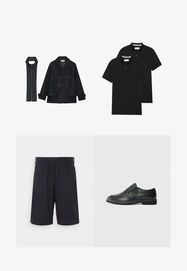 Čierny vlnený peacoat s dvojradovým zapínaním a veľkým golierom, skombinovaný s čiernou prešívanou vestou bez rukávov s rázporkom na zips.; Dvé čierne polo tričká, krátke rukávy, vyrobené z bavlny, s klasickým golierom, dvojitým gombíkom a bielymi pruhmi vo vnútri goliera.; Námořnické bavlněné kraťasy s plochým předním dílem, poutky na opasek, bočními kapsami a volným střihem, které mají hladkou strukturu a čistý design.; Čierny kožený nazúvací topánka s hladkým zvrškom, prešitými akcentmi, zaoblenou špičkou a nízkym gumovým podpätkom. Podošva má minimálny dezén.