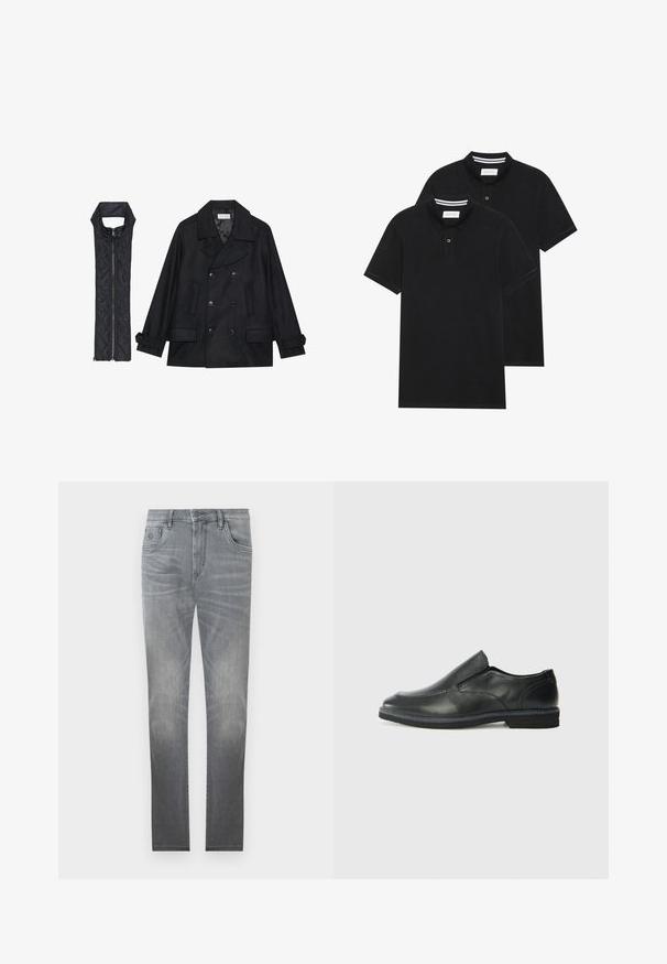 Melnā vilnas jaka ar dubulto pogu rindas un lielu apkakli, apvienota ar bez piedurknēm melnu piepūšamā vesta ar rāvējslēdzēju.; Divas melnas polo krekli, īsām piedurknēm, no kokvilnas materiāla, ar klasisku apkakli, divu pogu aizdari un balti svītroti akcenti apkakles iekšpusē.; Pelēki denim džinsi ar izbalējušu dizainu, piecu kabatu stils, pogu aizdare un taisna kāju forma. Gluda tekstūra ar nelielu nodilumu malās.; Melnas ādas slip-on kurpes ar gludu augšdaļu, izšūtām akcentiem, noapaļotu purngala daļu un zemu gumijas papēdi. Zole ar minimālu rakstu.