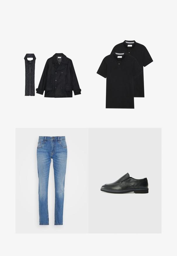 Black woolen peacoat with double-breasted buttons and large collar, paired with a sleeveless black quilted vest featuring a zip closure.; Two black polo shirts, short-sleeved, cotton material, featuring a classic collar, two-button placket, and white striped accents inside the collar.; Light blue denim jeans with a straight leg design, five pockets, and contrast stitching. Features a button and zipper closure.; Black leather slip-on shoe with a smooth upper, stitched accents, rounded toe, and a low rubber heel. Sole features minimal tread.