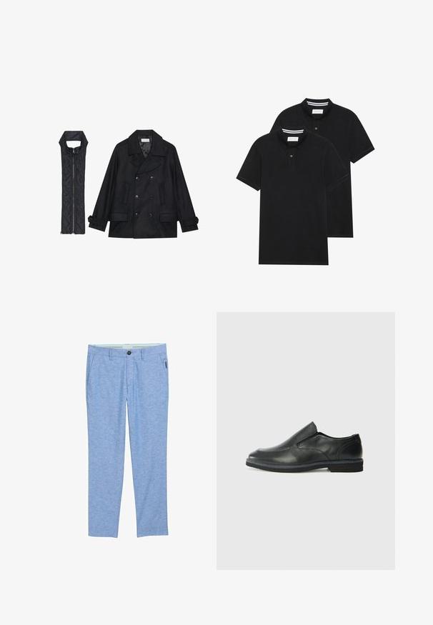 Manteau en laine noir à double boutonnage et grand col, associé à un gilet matelassé sans manches noir avec fermeture éclair.; Deux polos noirs, à manches courtes, en coton, avec un col classique, une patte de boutonnage à deux boutons, et des accents rayés blancs à l'intérieur du col.; Chinos bleu clair texturés en tissu avec un subtil motif chiné. Comprend des poches avant, une poche arrière unique et une fermeture à bouton.; Chaussure slip-on en cuir noir avec une tige lisse, des accents cousus, un bout arrondi et un petit talon en caoutchouc. La semelle présente un profil de traction minimal.
