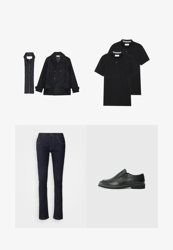 Casaco de lã preto com botões duplos e gola grande, combinado com um colete acolchoado preto sem mangas com fecho de correr.; Duas camisetas polo pretas, de manga curta, em material de algodão, com colarinho clássico, abertura com dois botões e detalhes em riscas brancas no interior do colarinho.; Jeans de ganga azul escuro com perna reta, apresentando bolsos frontais, fecho de botão e detalhes de costura discretos. Design clássico.; Sapato slip-on preto em pele com um upper liso, acabamentos cosidos, bico arredondado e um salto de borracha baixo. A sola apresenta um padrão de aderência mínimo.
