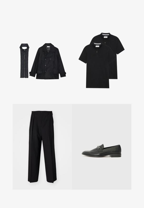 Cappotto di panno nero con bottoni doppi e colletto ampio, abbinato a un gilet senza maniche in tessuto trapuntato nero con chiusura a zip.; Due magliette polo nere, con maniche corte, in cotone, con colletto classico, pattina a due bottoni e dettagli a righe bianche all'interno del colletto.; Pantaloni neri a pieghe con un design dritto e gamba larga. Realizzati in tessuto morbido, con chiusura a bottone e passanti per cintura.; Mocassino in pelle nera con finitura liscia, caratterizzato da un design cucito e da un accento decorativo in catena metallica sul vamp. Tacco piatto.