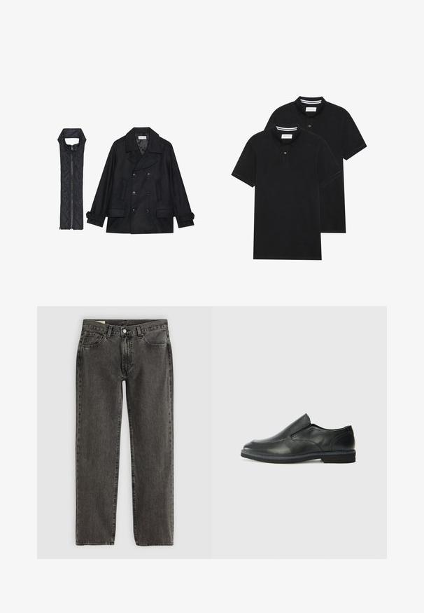 Black woolen peacoat with double-breasted buttons and large collar, paired with a sleeveless black quilted vest featuring a zip closure.; Two black polo shirts, short-sleeved, cotton material, featuring a classic collar, two-button placket, and white striped accents inside the collar.; Black faded straight-leg jeans with five pockets, button closure, and belt loops, laid flat on a white background.; Black leather slip-on shoe with a smooth upper, stitched accents, rounded toe, and a low rubber heel. Sole features minimal tread.