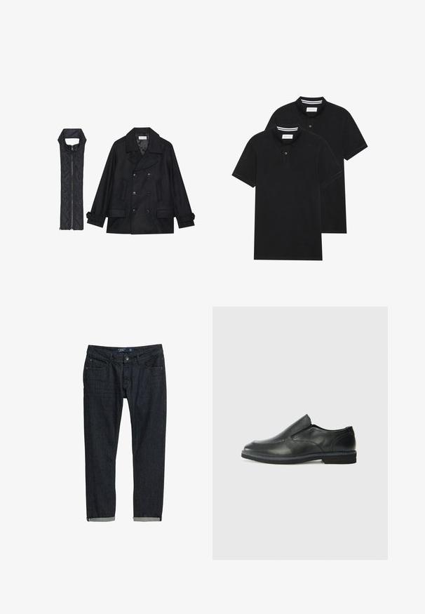 Cappotto di panno nero con bottoni doppi e colletto ampio, abbinato a un gilet senza maniche in tessuto trapuntato nero con chiusura a zip.; Due magliette polo nere, con maniche corte, in cotone, con colletto classico, pattina a due bottoni e dettagli a righe bianche all'interno del colletto.; Jeans in denim scuro con vestibilità slim, caratterizzati da orli arrotolati, design classico a cinque tasche e chiusura con bottone, su uno sfondo bianco.; Scarpa nera in pelle con inserto scivolare, superiore liscio, dettagli cuciti, punta arrotondata e tacco in gomma basso. La suola presenta un battistrada minimale.