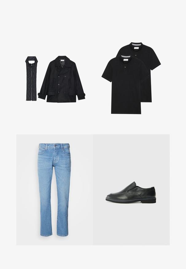 Sort uld peacoat med dobbeltradede knapper og stor krave, parret med en ærmeløs sort quiltet vest med lynlås.; To sorte polo T-shirts, kortærmede, lavet af bomuldsstof, med en klassisk krave, to-knaps placket og hvide stribede detaljer indeni kraven.; Lysblå lige ben jeans lavet af denim, med fem lommer, knaplukning og subtil fading for tekstur. Ingen synlig branding.; Sorte læder slip-on sko med en glat overdel, syede detaljer, rund tå og en lav gummihæl. Sålen har minimal profil.