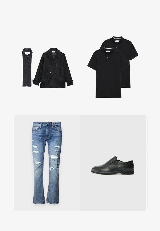 Fekete gyapjú peacoat dupla gombolással és nagy gallérral, melyet egy ujjatlan fekete steppelt mellénnyel párosítanak, amely cipzárral záródik.; Két fekete pólóing, rövid ujjú, pamut anyagból készült, klasszikus gallérral, két gombos gombolással, és fehér csíkos díszítéssel a gallér belső részén.; Világoskék, szakadt farmernadrág, több kopott folttal. Trapéz fazon, sima textúrával és kontrasztos varrással. Fém gombos záródás.; Fekete bőr, slip-on cipő sima felsőrésszel, varrott díszítéssel, lekerekített orral és alacsony gumitalppal. A talpa minimális bordázattal rendelkezik.
