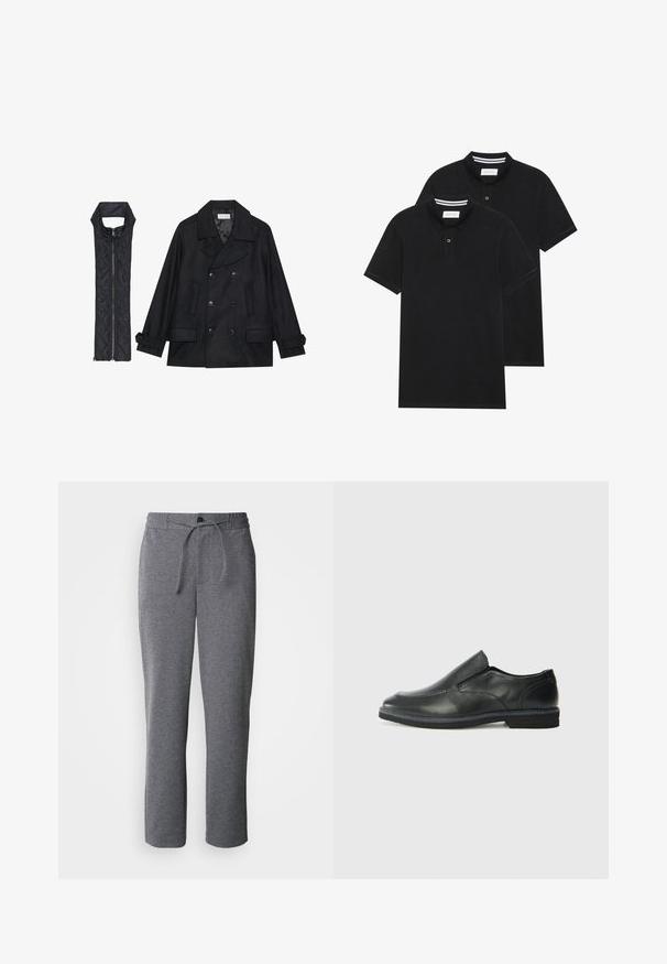 Fekete gyapjú peacoat dupla gombolással és nagy gallérral, melyet egy ujjatlan fekete steppelt mellénnyel párosítanak, amely cipzárral záródik.; Két fekete pólóing, rövid ujjú, pamut anyagból készült, klasszikus gallérral, két gombos gombolással, és fehér csíkos díszítéssel a gallér belső részén.; Szürke, puha anyagból készült melegítőnadrág, húzózsinórral ellátott derékrésszel, egyenes lábakkal és egyszerű, díszítetlen kialakítással.; Fekete bőr, slip-on cipő sima felsőrésszel, varrott díszítéssel, lekerekített orral és alacsony gumitalppal. A talpa minimális bordázattal rendelkezik.