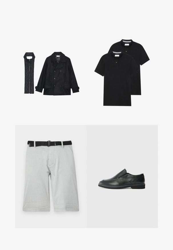 Fekete gyapjú peacoat dupla gombolással és nagy gallérral, melyet egy ujjatlan fekete steppelt mellénnyel párosítanak, amely cipzárral záródik.; Két fekete pólóing, rövid ujjú, pamut anyagból készült, klasszikus gallérral, két gombos gombolással, és fehér csíkos díszítéssel a gallér belső részén.; Világosszürke rövidnadrág texturált anyagból, fekete állítható övvel és két oldalsó zsebbel, térd fölött, egyenes szabással.; Fekete bőr, slip-on cipő sima felsőrésszel, varrott díszítéssel, lekerekített orral és alacsony gumitalppal. A talpa minimális bordázattal rendelkezik.