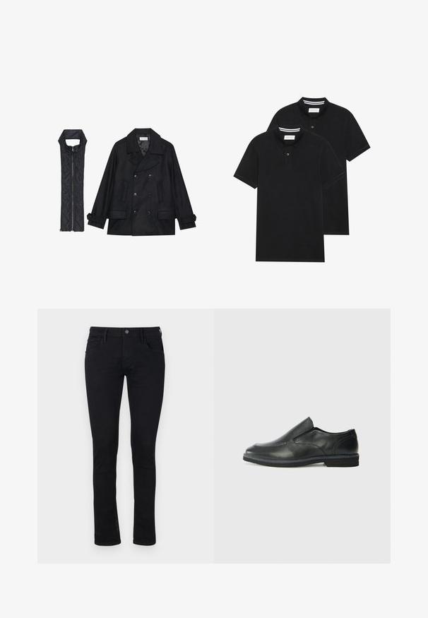 Mustast villast peacoat, millel on topelt nööbid ja suur krae, koos musta ilma varrukateta tikkimisega vestiga, millel on lukuga sulgemine.; Kaks musta polo särki, lühikeste varrukatega, puuvillane materjal, klassikalise kraega, kahe nupuga kinnitusega, valgete triipudega krae sisepinnal.; Mustad must mahtunud teksased, millel on sile tekstuur. Omab viit taskut ja lukuga nööbiga sulgemist vööl.; Must musta laia suuga king, millel on sile ülemine osa, õmmeldud detailid, ümmargune nina ja madal kummist konts. Tallal on minimaalne mustr.