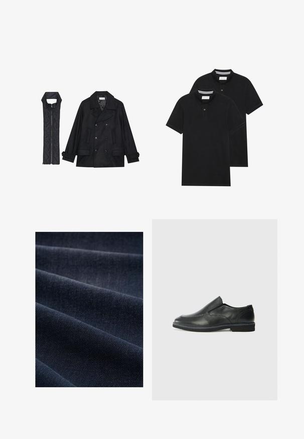 Črn volnen plašč z dvojnimi gumbi in velikim ovratnikom, v kombinaciji z brezrokavnikom iz črnega prešitega materiala z zadrgo.; Dve črne polo majice, kratke rokave, iz bombažnega materiala, z klasik ovratnikom, dvobodno zaponko in belimi črtkami znotraj ovratnika.; Temno modra denim tkanina z žametno teksturo, ki prikazuje gube in valove, kar poudarja njeno težo in trajnost.; Črne usnjene natikače z gladkim zgornjim delom, prišitimi detajli, zaobljenim nosom in nizkim gumijastim petkom. Podplat ima minimalen profil.